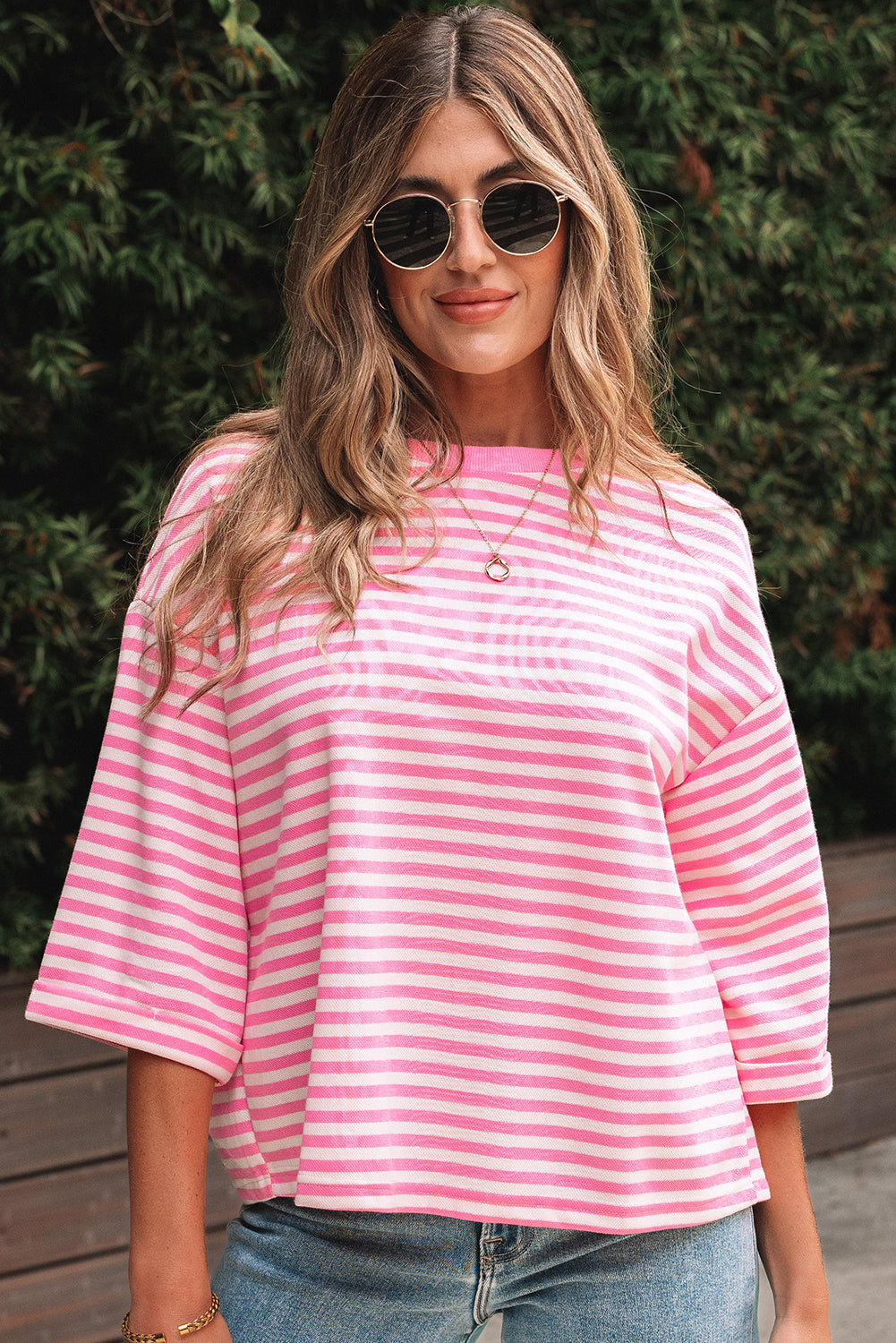 Pink Stripe Bowknot Cutout Back Drop Shoulder Wide Bracelet Sleeve Loose Tee eAura