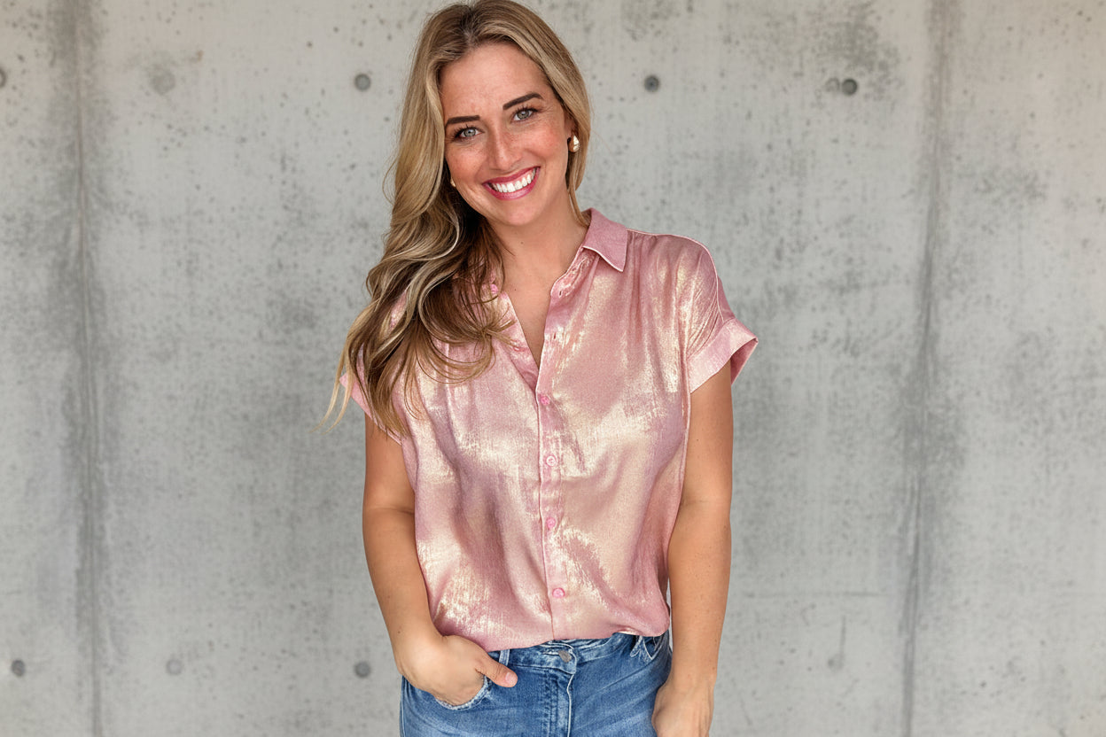 Metallic Buttoned Loose Fit Short Sleeve Shirt