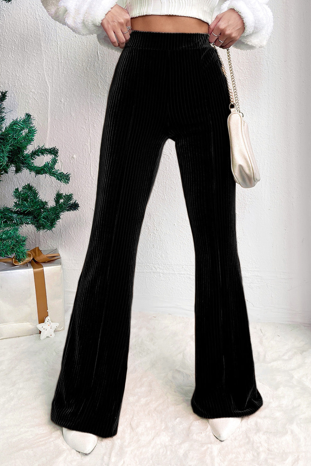 Black Solid Colour High Waist Flare Corduroy Trousers Beagle Boutique Fashion Outlet