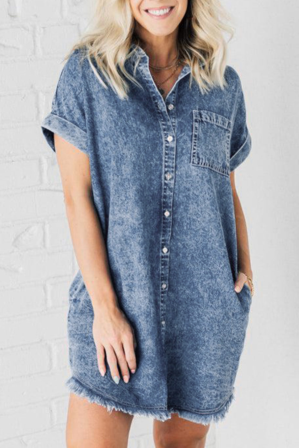 Blue Mineral Wash Cuffed Sleeve Frayed Hem Denim Dress eAura