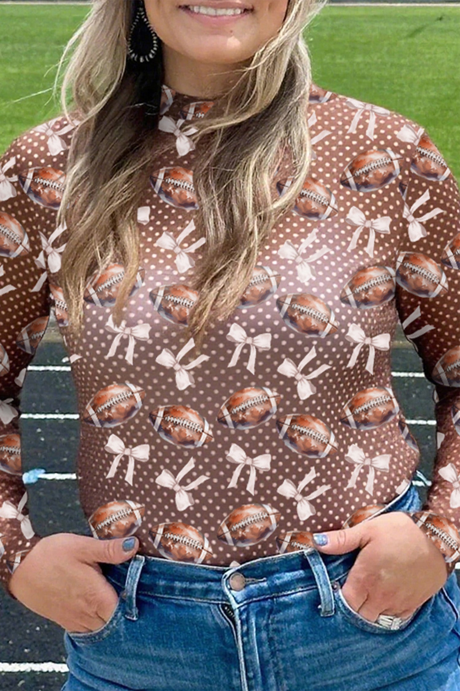 Polka Dot Bow Football Print Long Sleeve Mesh Top – Brown
