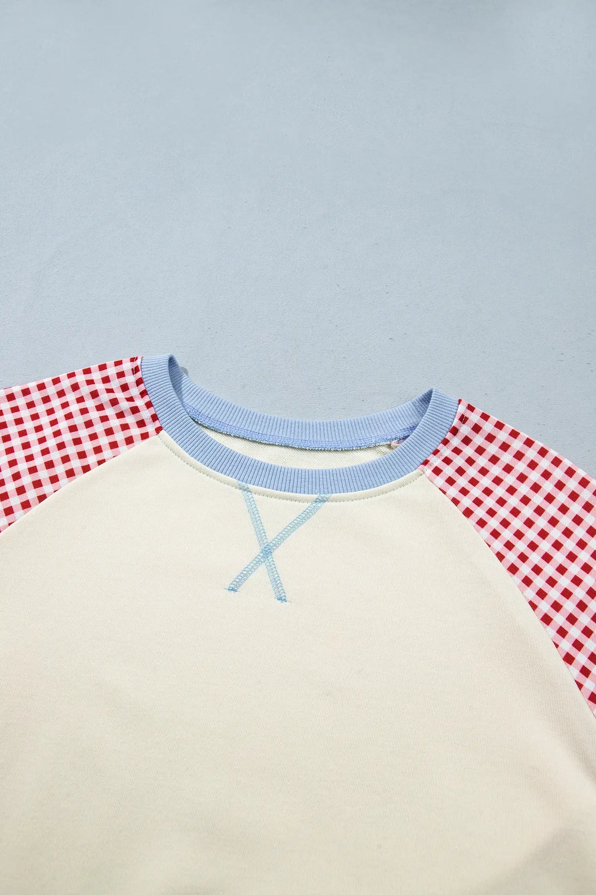 Plaid Sleeve Colourblock Raglan Pullover Sweatshirt – Beige