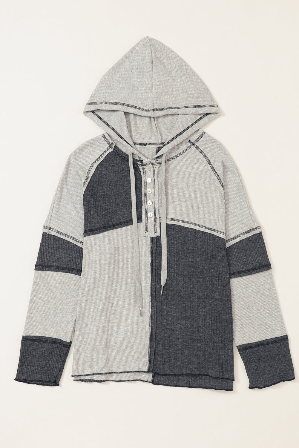 Grey Colourblock Seamed Ribbed Henley Hoodie eAura