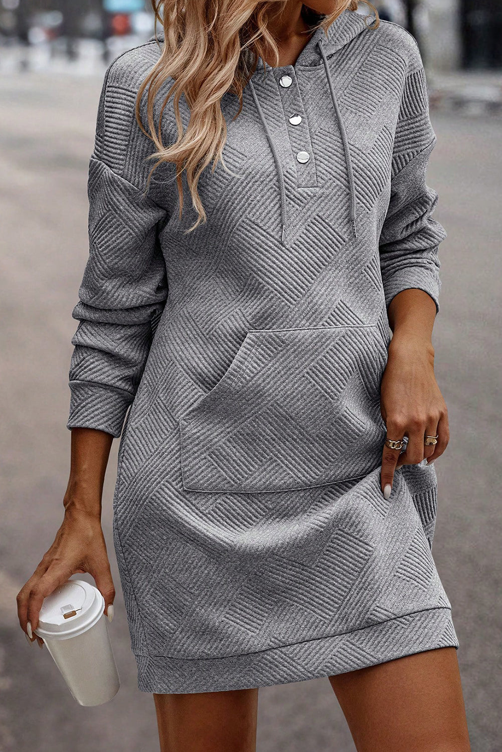 Grey Textured Kangaroo Pocket Drawstring Hooded Mini Dress eAura