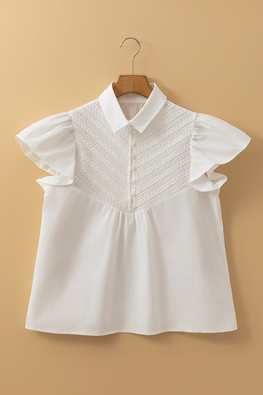 White Half Button Lace Patchwork Flutter Sleeve Blouse eAura