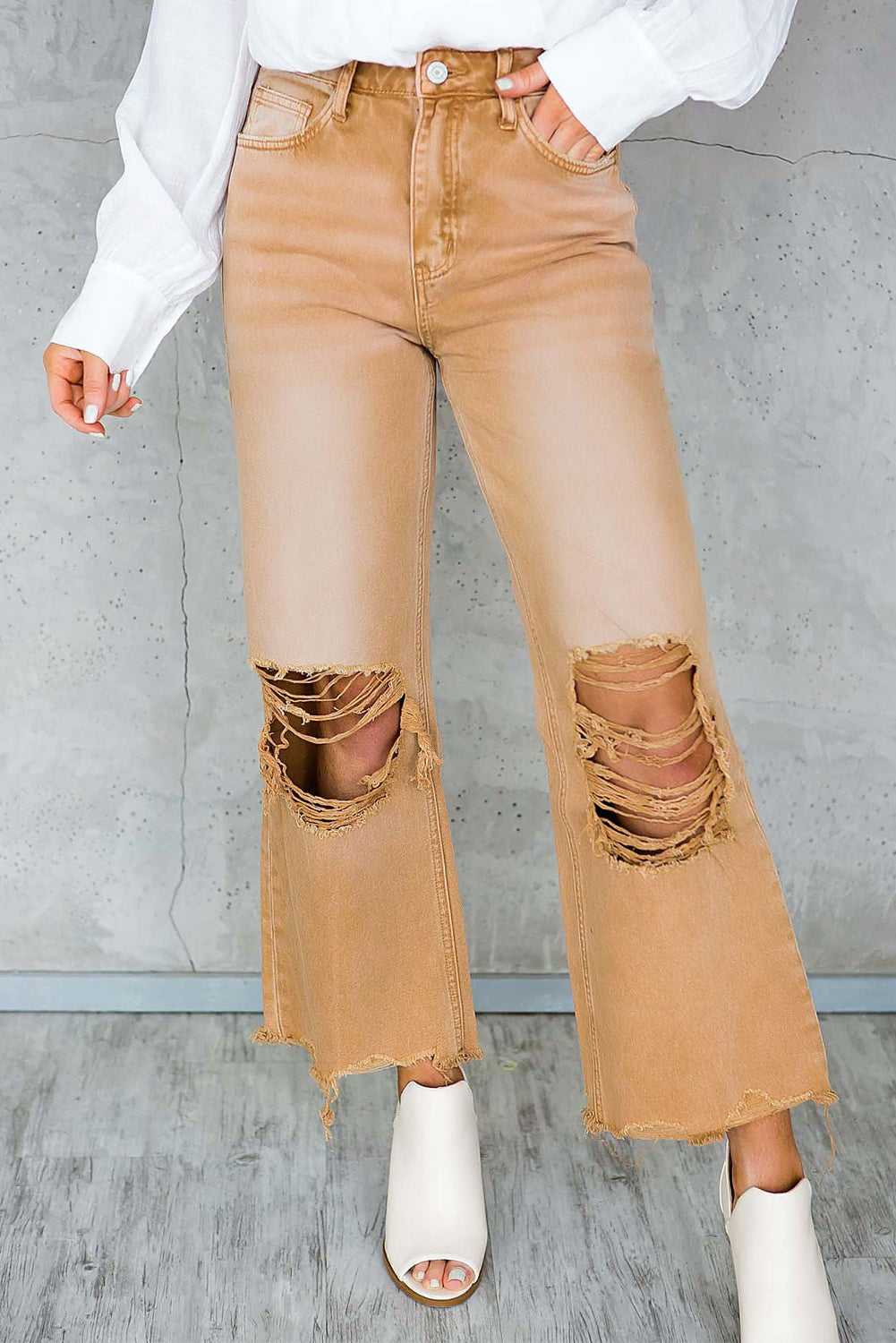 Black Distressed Hollow-out High Waist Cropped Flare Jeans Beagle Boutique Fashion Outlet
