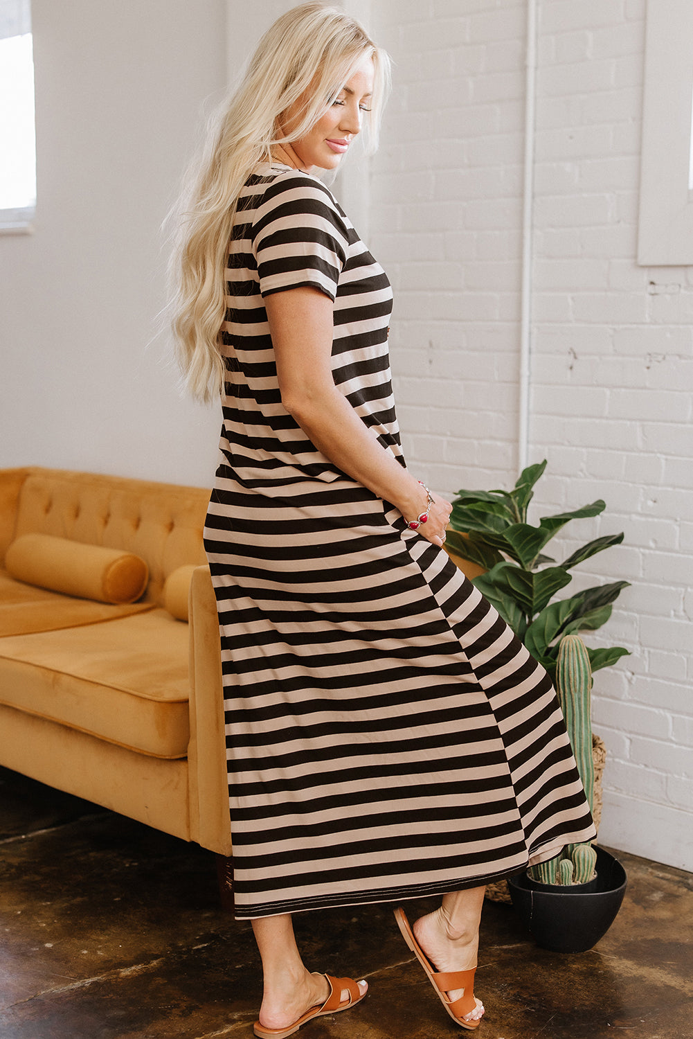 Black Stripe Casual Round Neck T-shirt Maxi Dress with Pockets BB Fashion Outlet