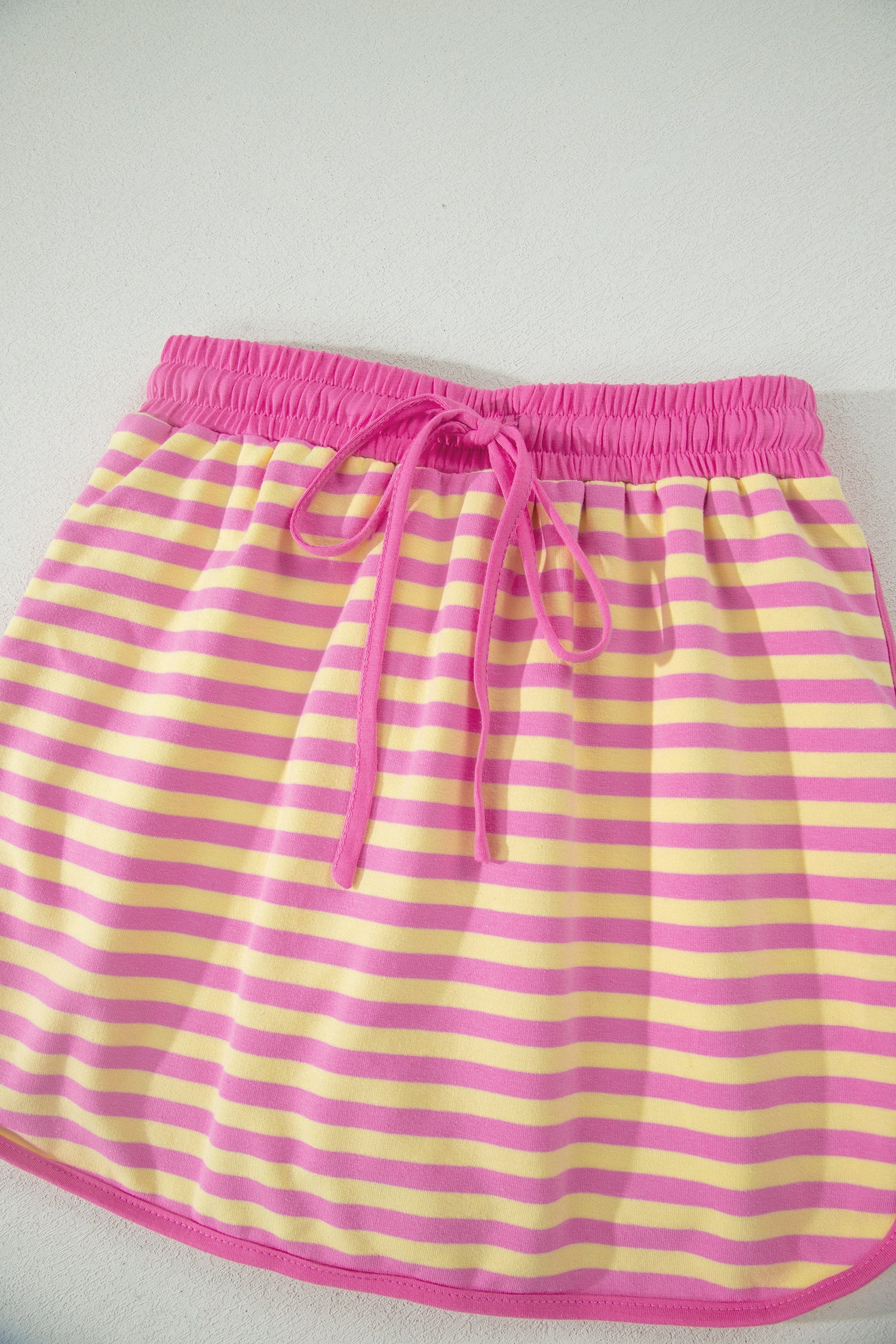 Relaxed Short Sleeve Top Elastic Waist Drawstring Skort 2pcs Set – Pink Stripe