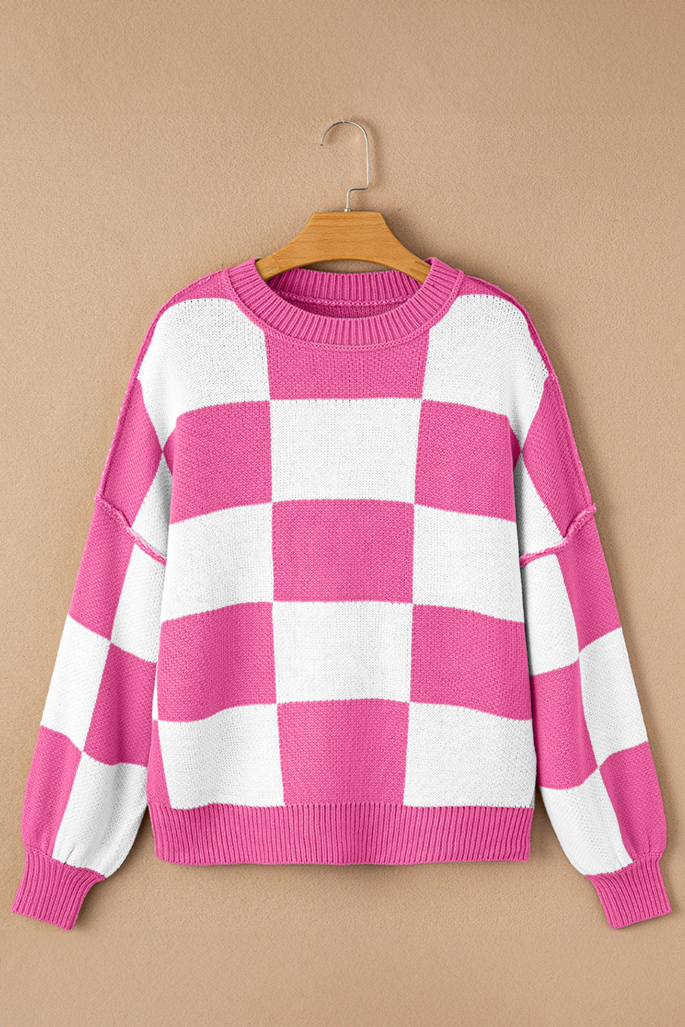 Checkered Bishop Sleeve Sweater – Rose, Pink, Green, Brown, Red & Black