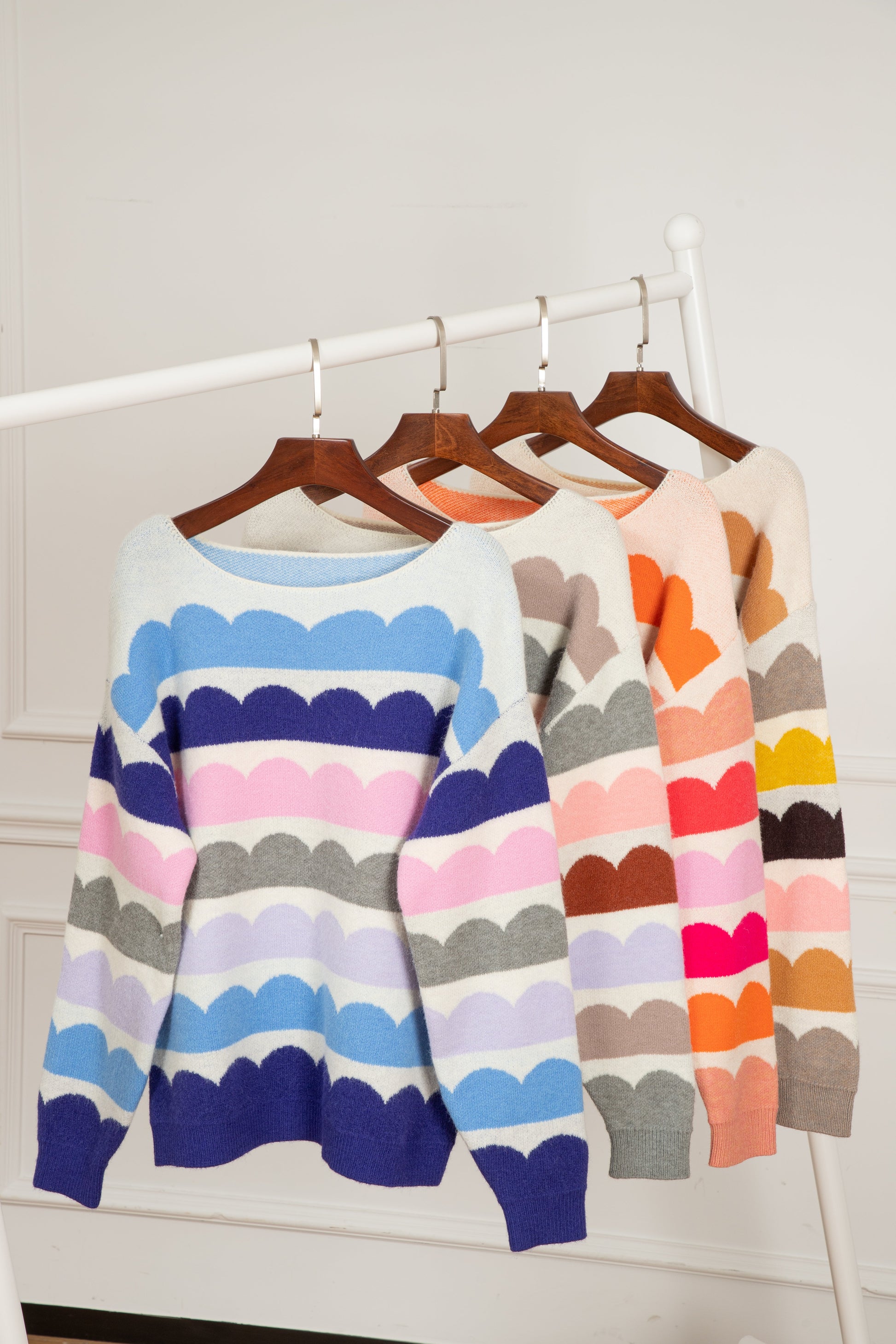 Dark Blue Wave Striped Balloon Sleeve Drop Shoulder Sweater - Sweaters & Cardigans/Sweaters