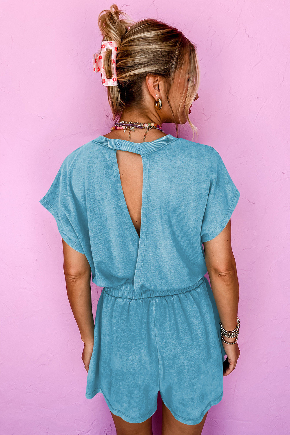 Mineral Wash Drawstring Waist Hollow Out Back Short Sleeve Romper eAura