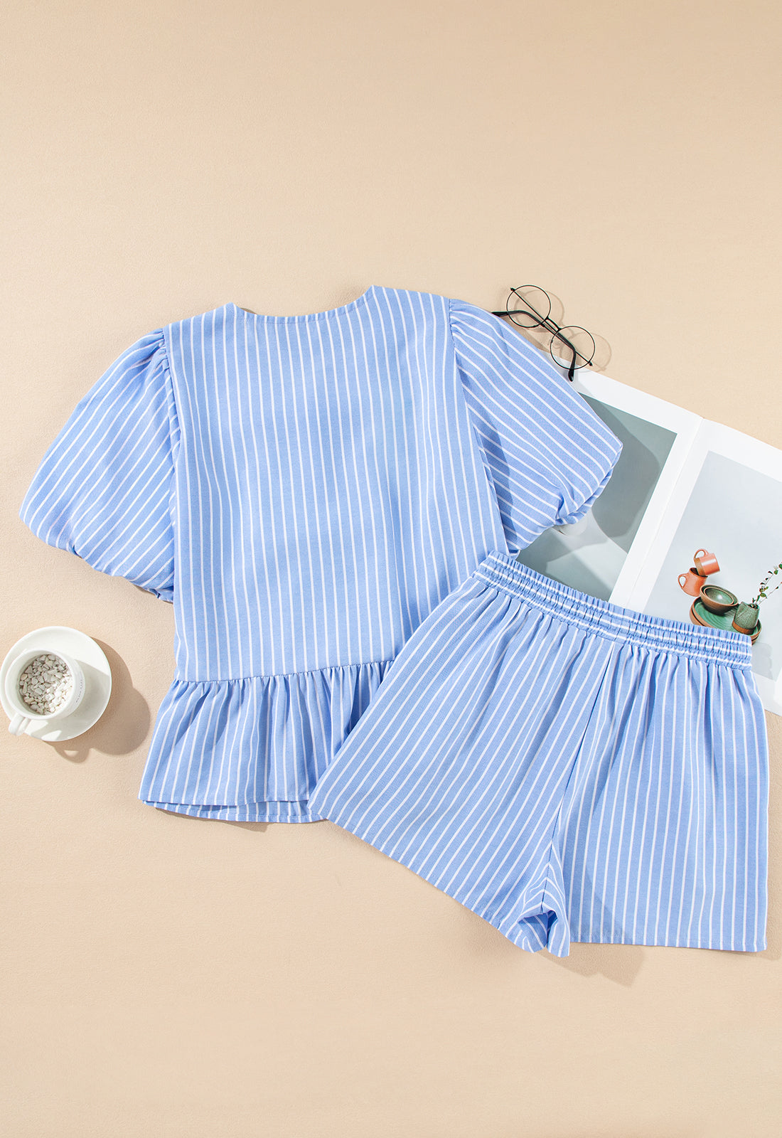 Sky Blue Striped Bowknot Detail Puffy Sleeve Top and Shorts 2Pcs Set eAura