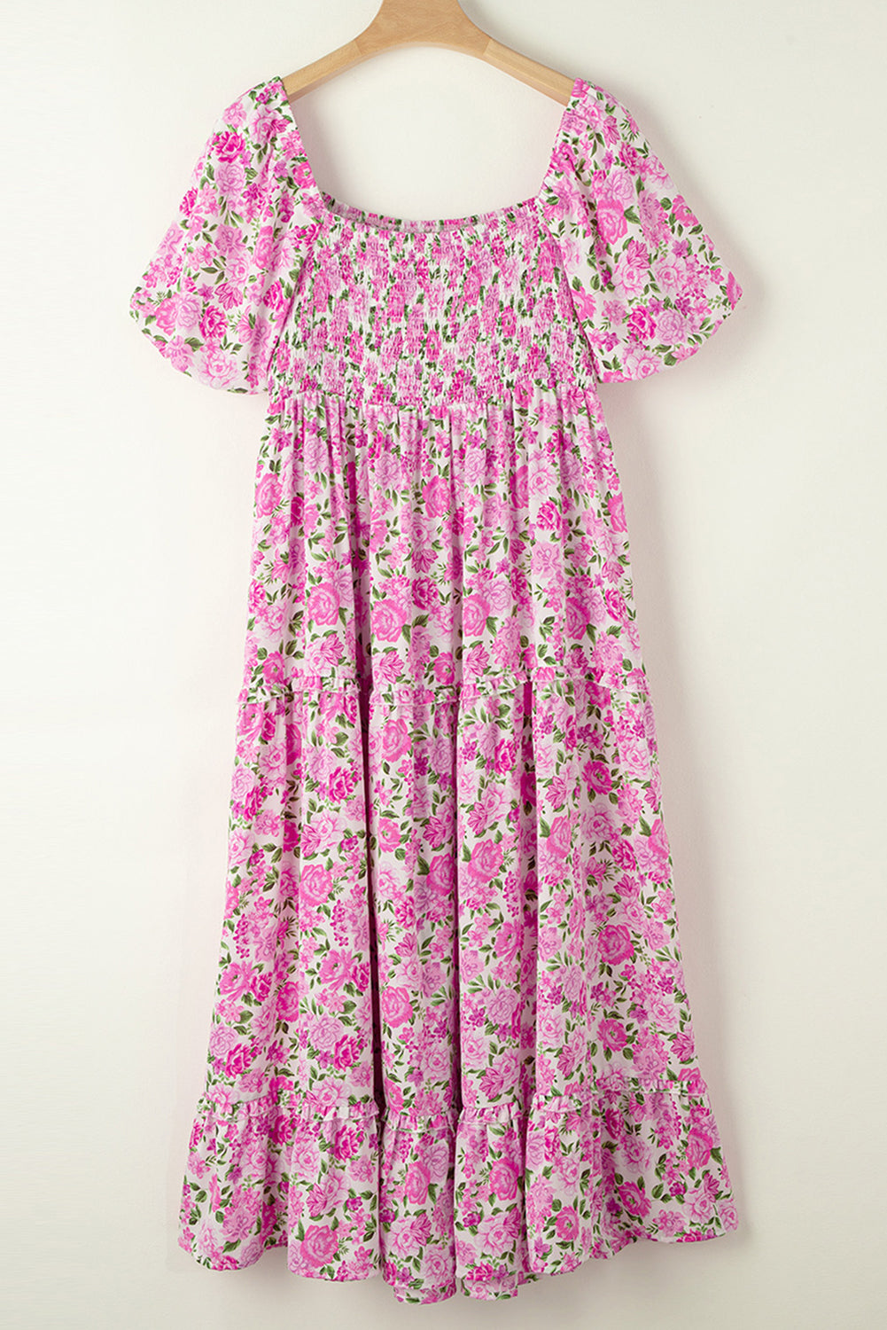 Pink Floral Smocked Puff Sleeve Flowy Midi Dress