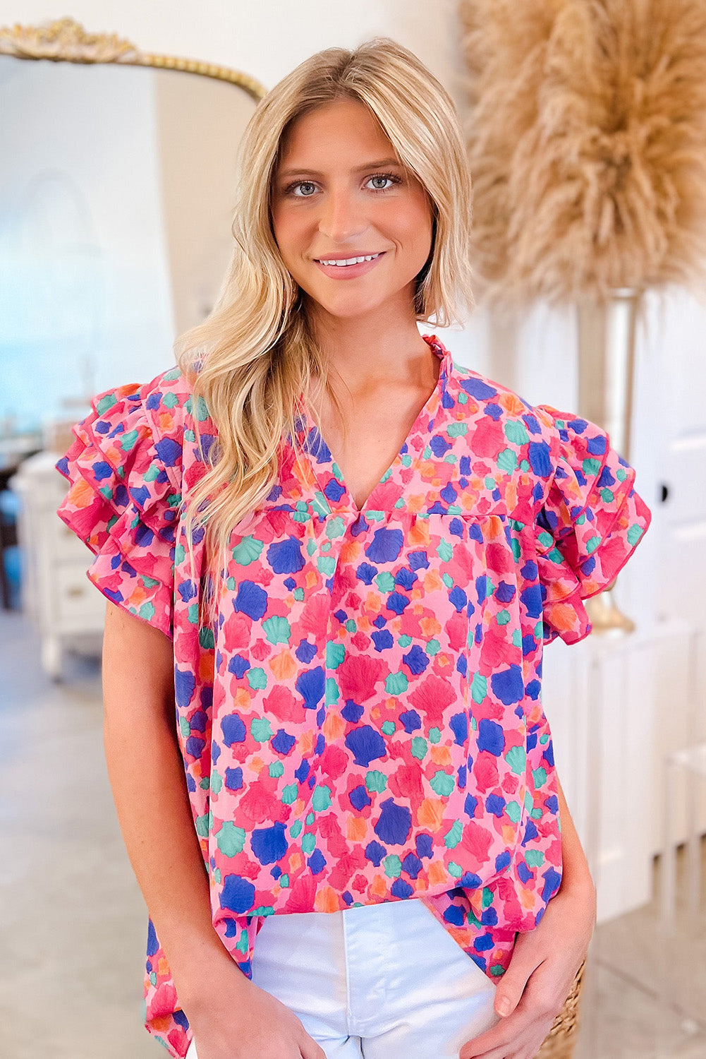 Rose Red Abstract Print Ruffled Sleeve V Neck Blouse eAura