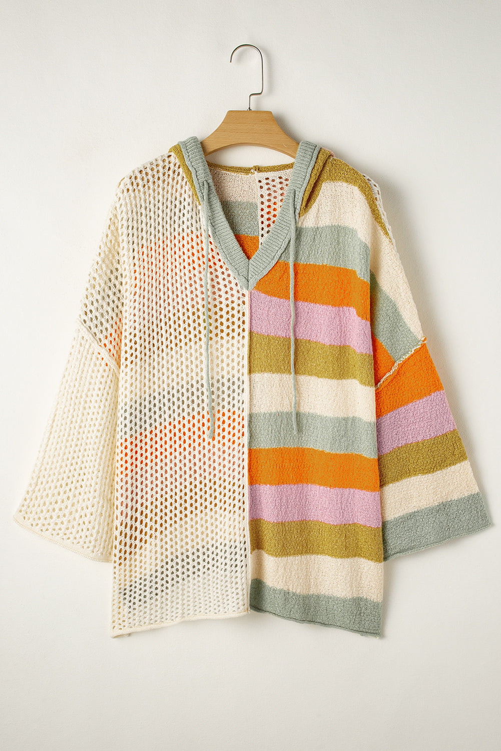 Beige Pointelle Knit Colorblock Patchwork V Neck Hooded Plus Sweater BB Fashion Outlet