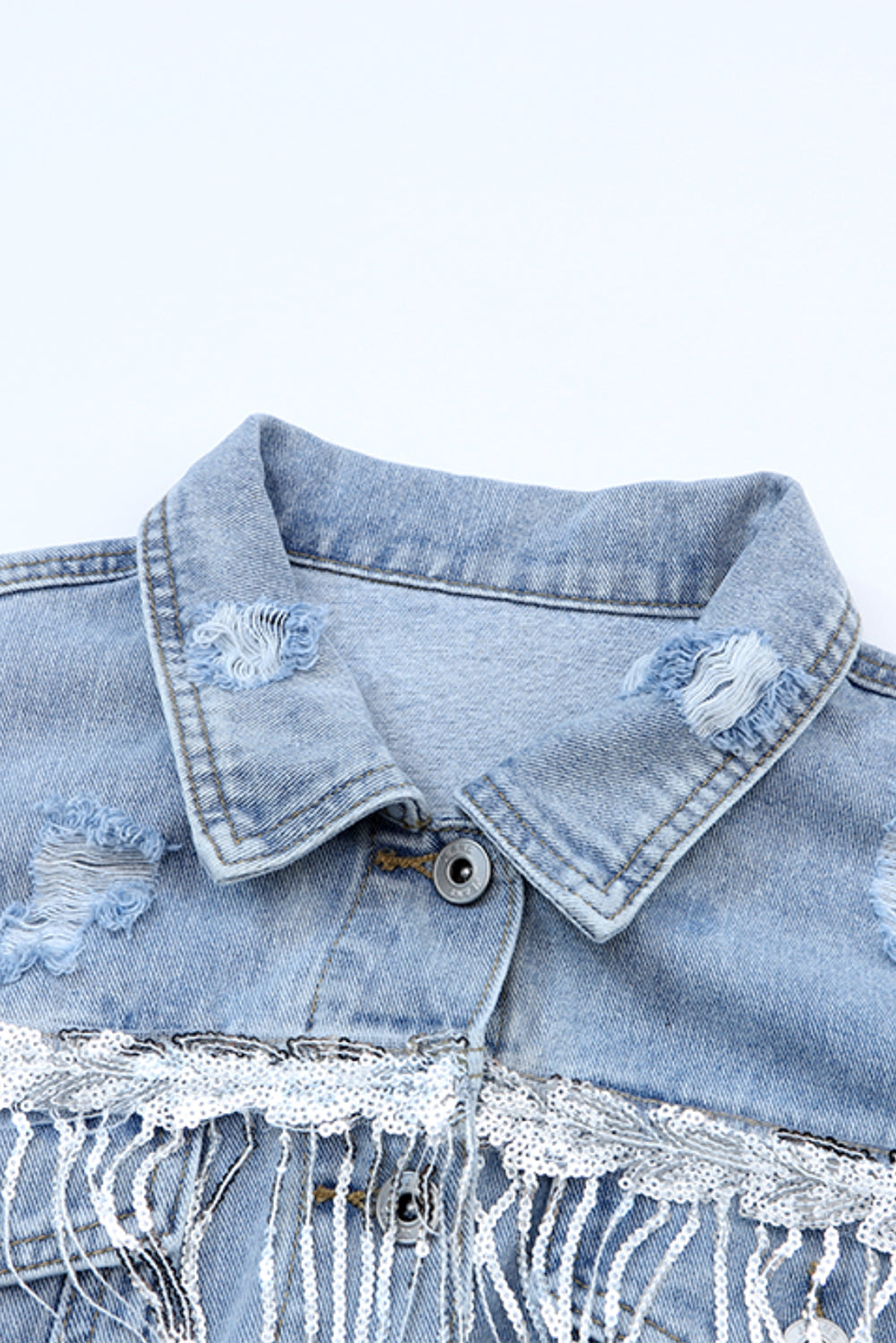 Sky Blue Sequin Embellished Fringe Distressed Denim Jacket Beagle Boutique Fashion Outlet