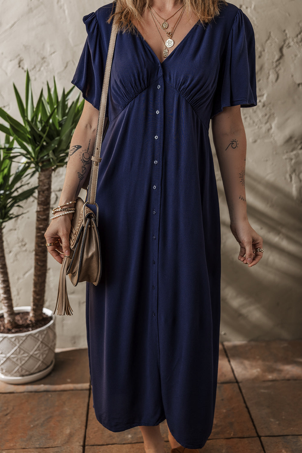 Navy Blue V Neck Buttoned Front Shirred Back Short Sleeve Midi Dress eAura