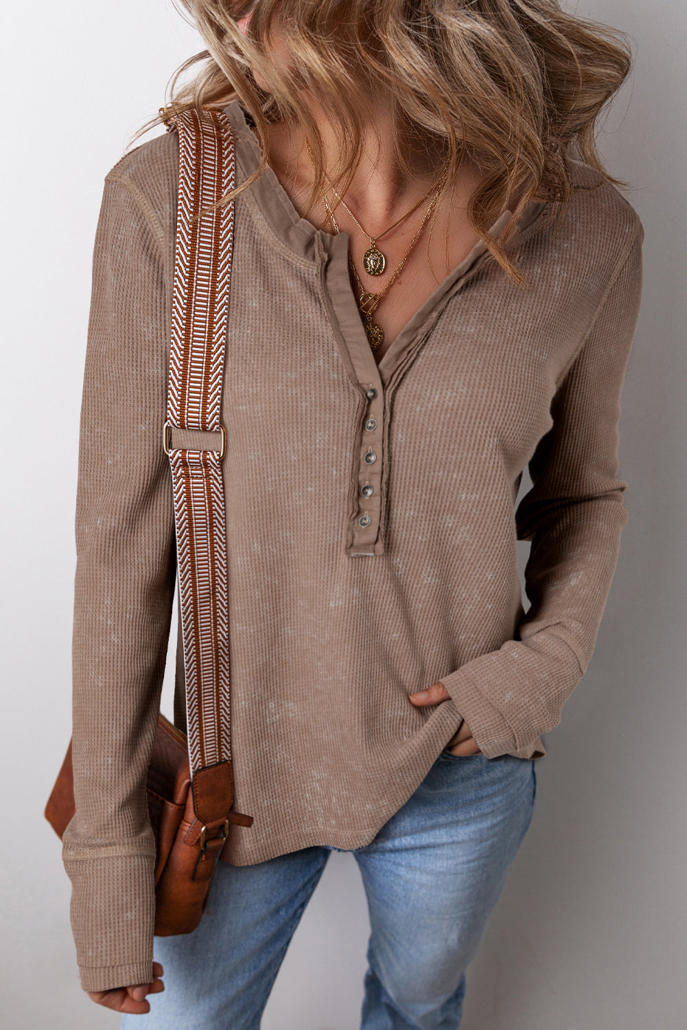 Smoke Green Acid Wash Waffle Knit Buttoned Neckline Long Sleeve Top Beagle Boutique Fashion Outlet
