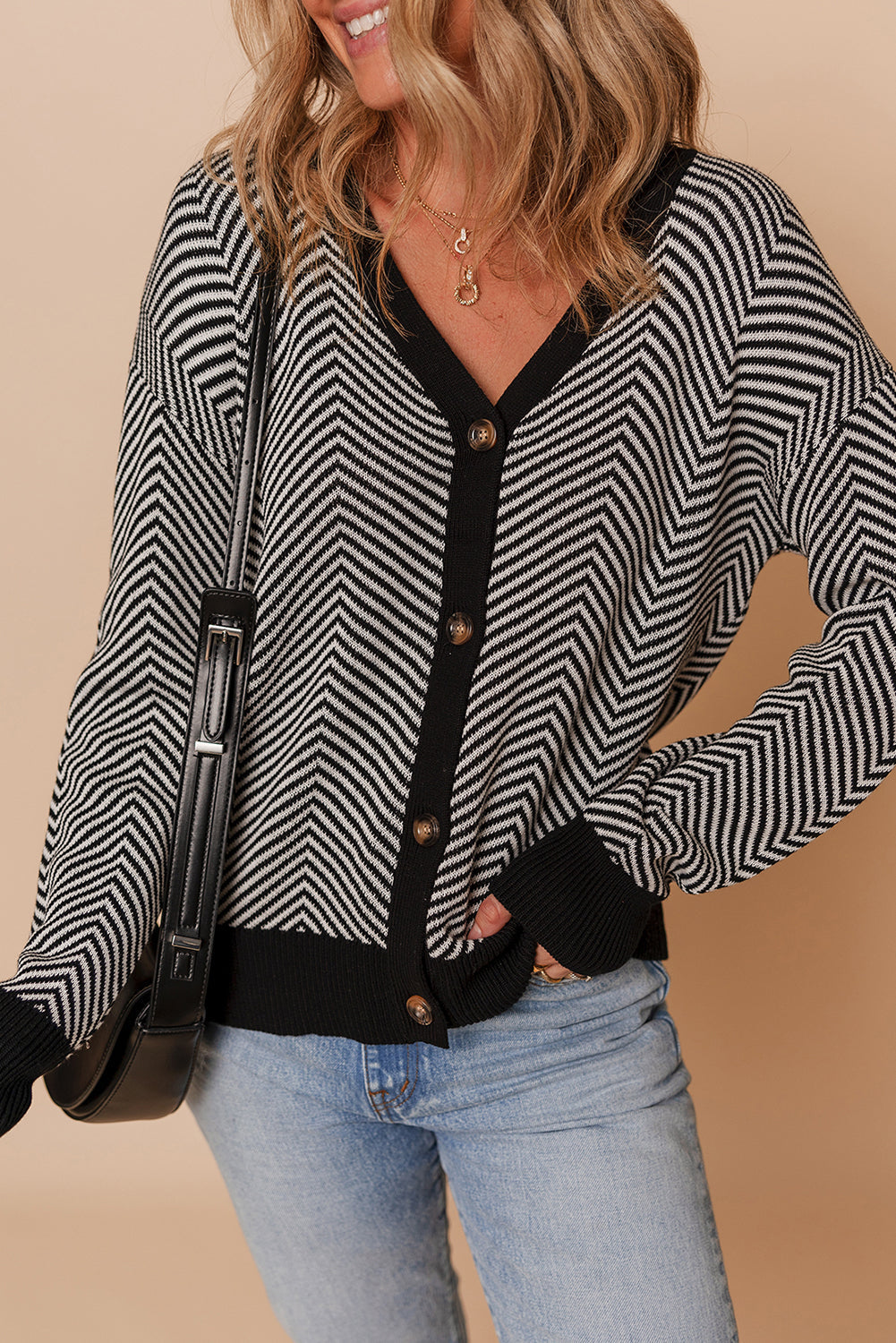 Brown Stripe Buttoned Front V Neck Herringbone Cardigan Dear-Lover Dropshipping