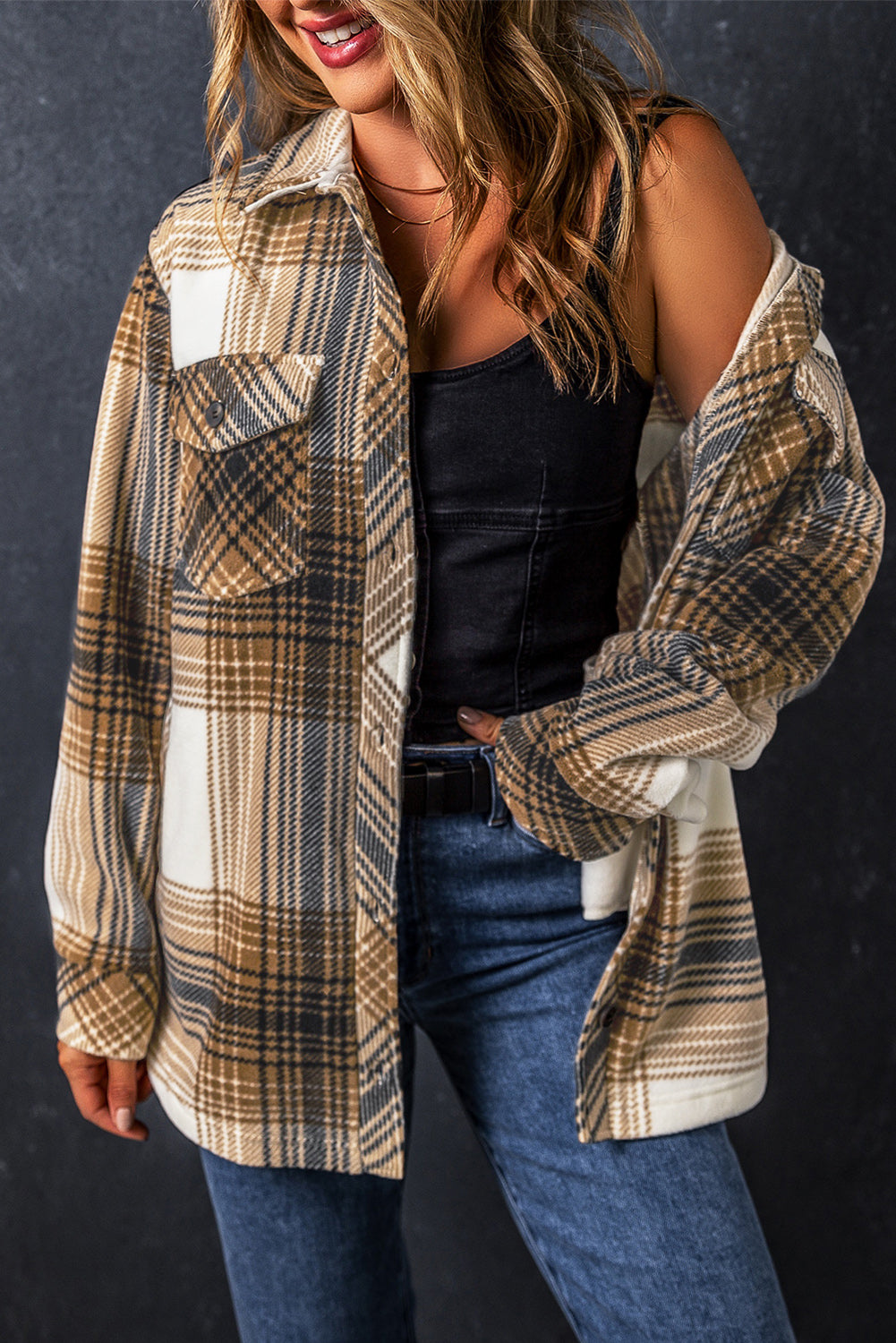Multicolour Plaid Print Flap Pocket Button Up Shacket Beagle Boutique Fashion Outlet