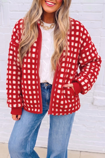 Plaid Zip-up Long Sleeve Jacket – Fiery Red