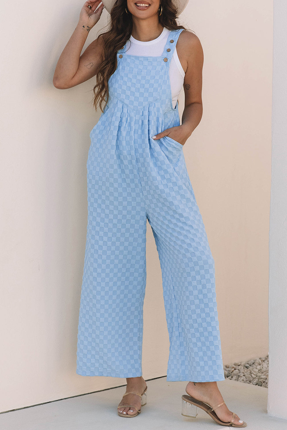 Beau Blue Checkered Pocketed High Waist Wide Leg Overall Dungarees eAura