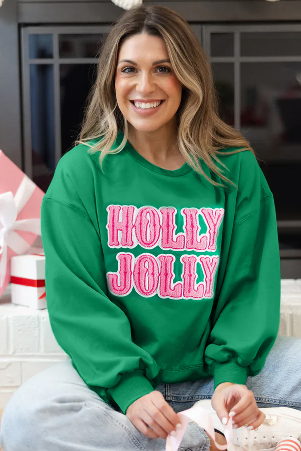 HOLLY JOLLY Towel Embroidered Christmas Holiday Sweatshirt - eAura