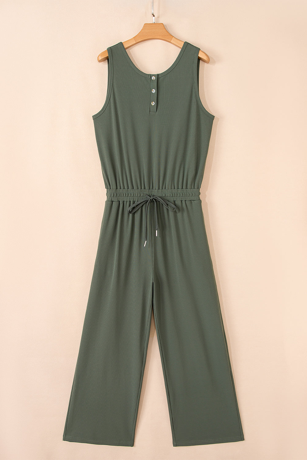 Vineyard Green Buttoned Drawstring Waist Sleeveless Wide Leg Jumpsuit eAura