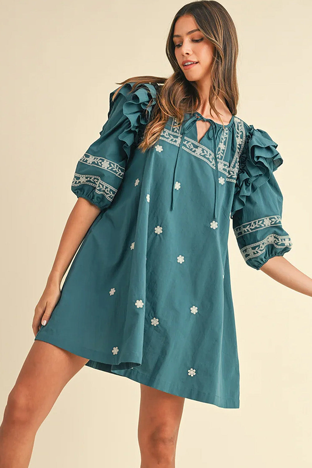 Skobeloff Boho Floral Ruffle Puff Sleeve Lace-up V Neck Mini Dress eAura