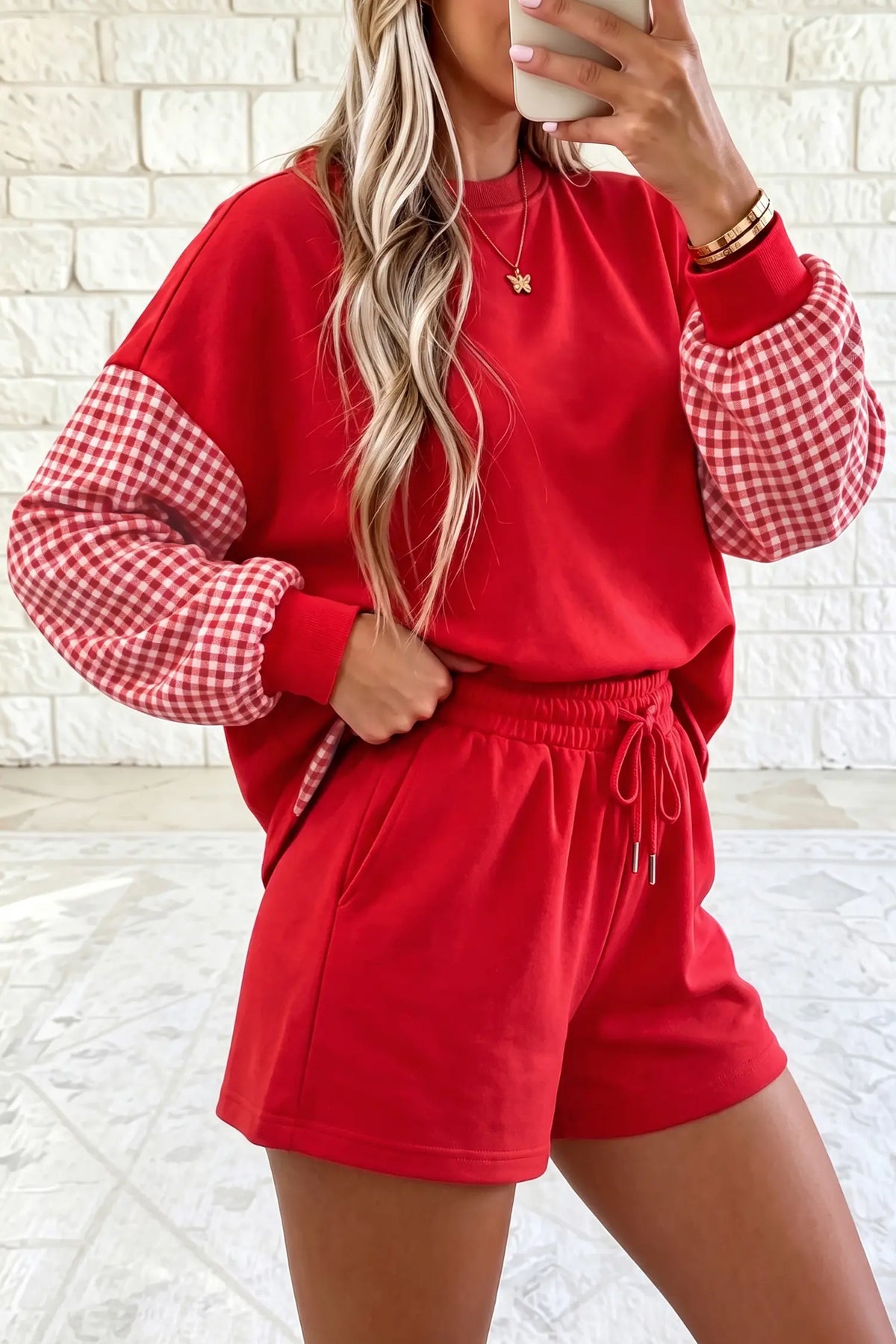 Plaid Patchwork Long Sleeve Top Solid Drawstring Shorts Set – Red
