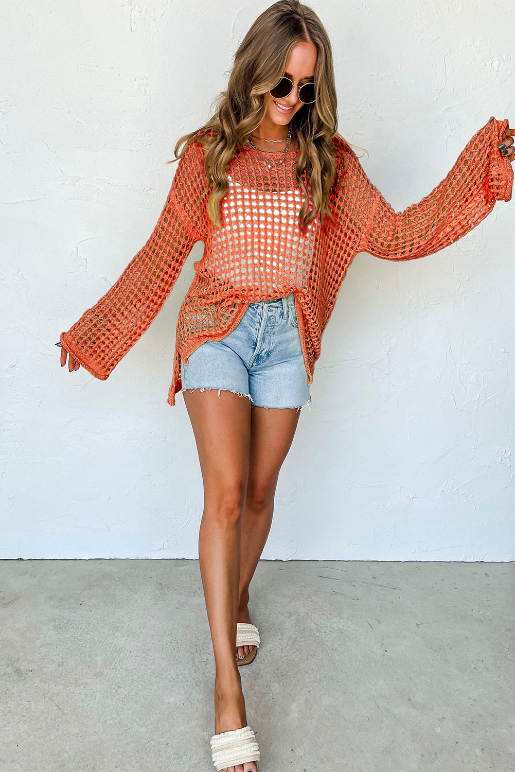 Orange Open Knit Crochet Bell Sleeve Tunic Sweater eAura
