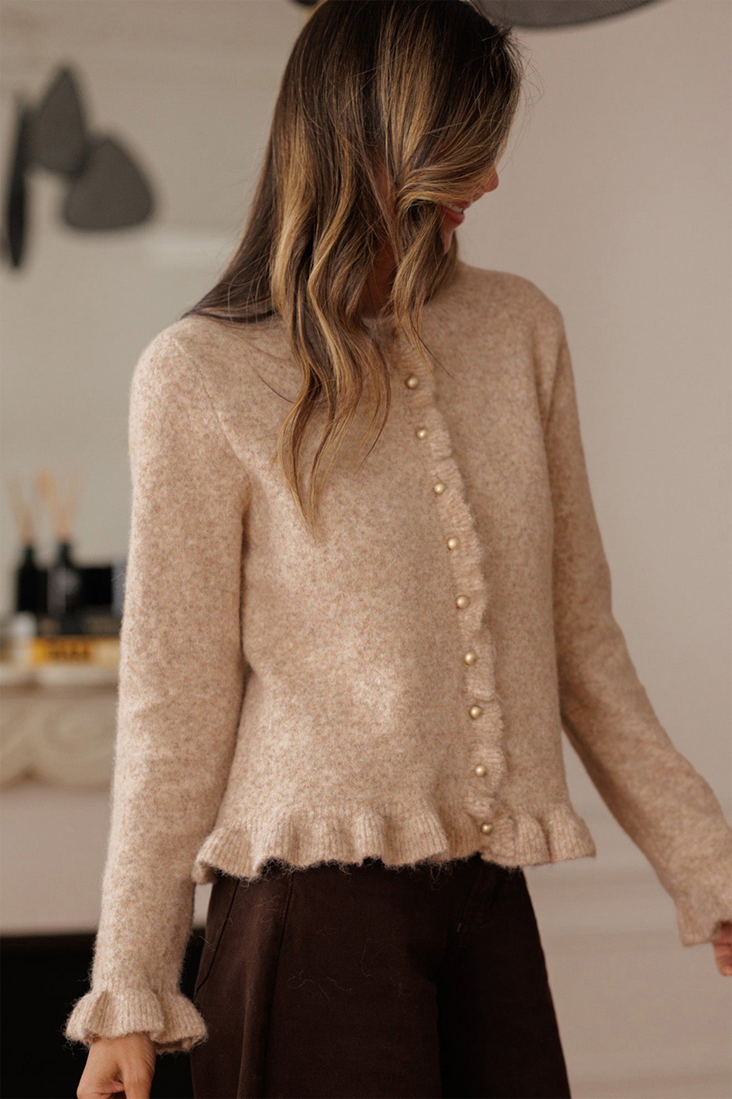 Ruffle Trim Gold Button Cardigan - eAura
