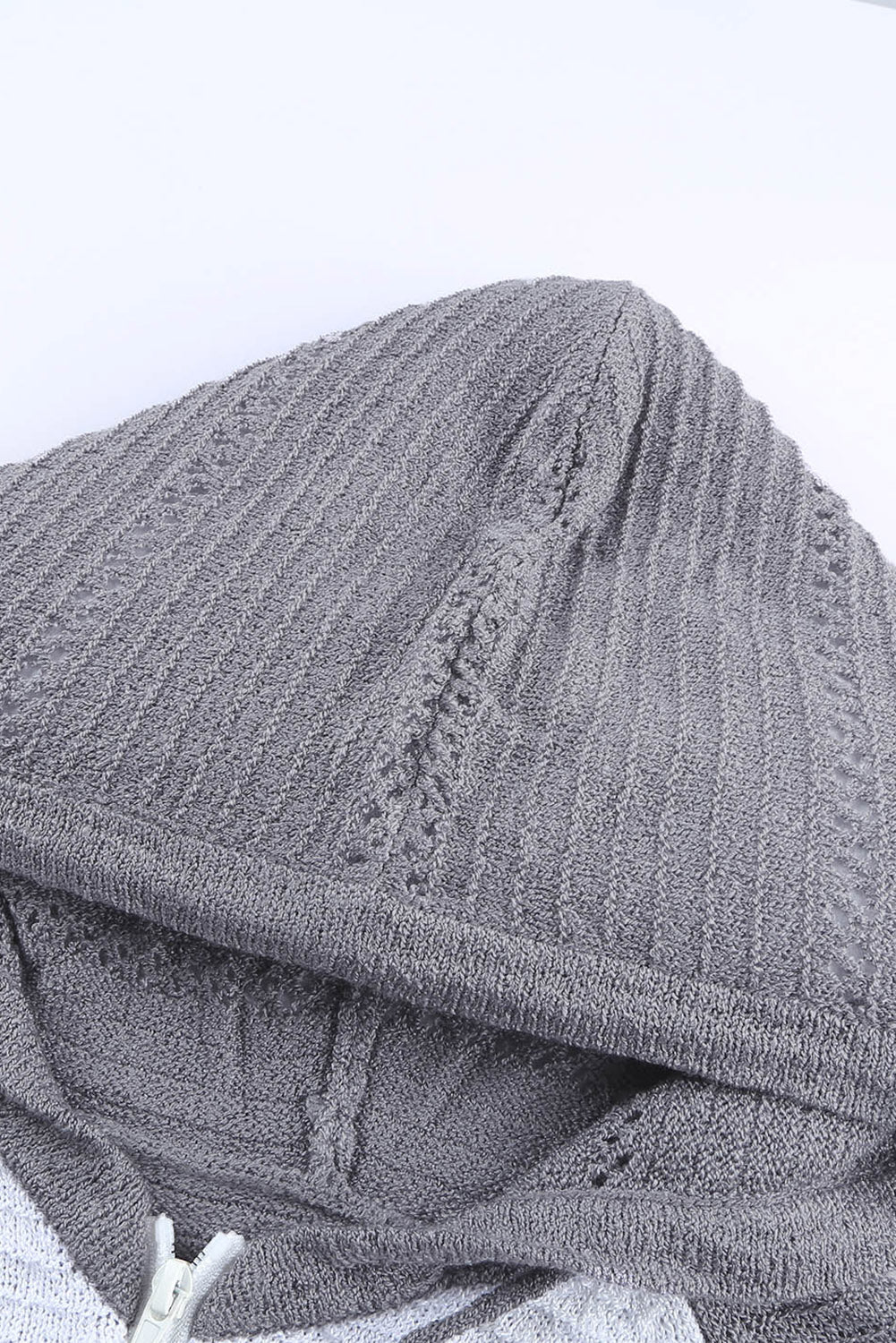 MultiColour Zipped Front Colourblock Hollow-out Knit Hoodie eAura