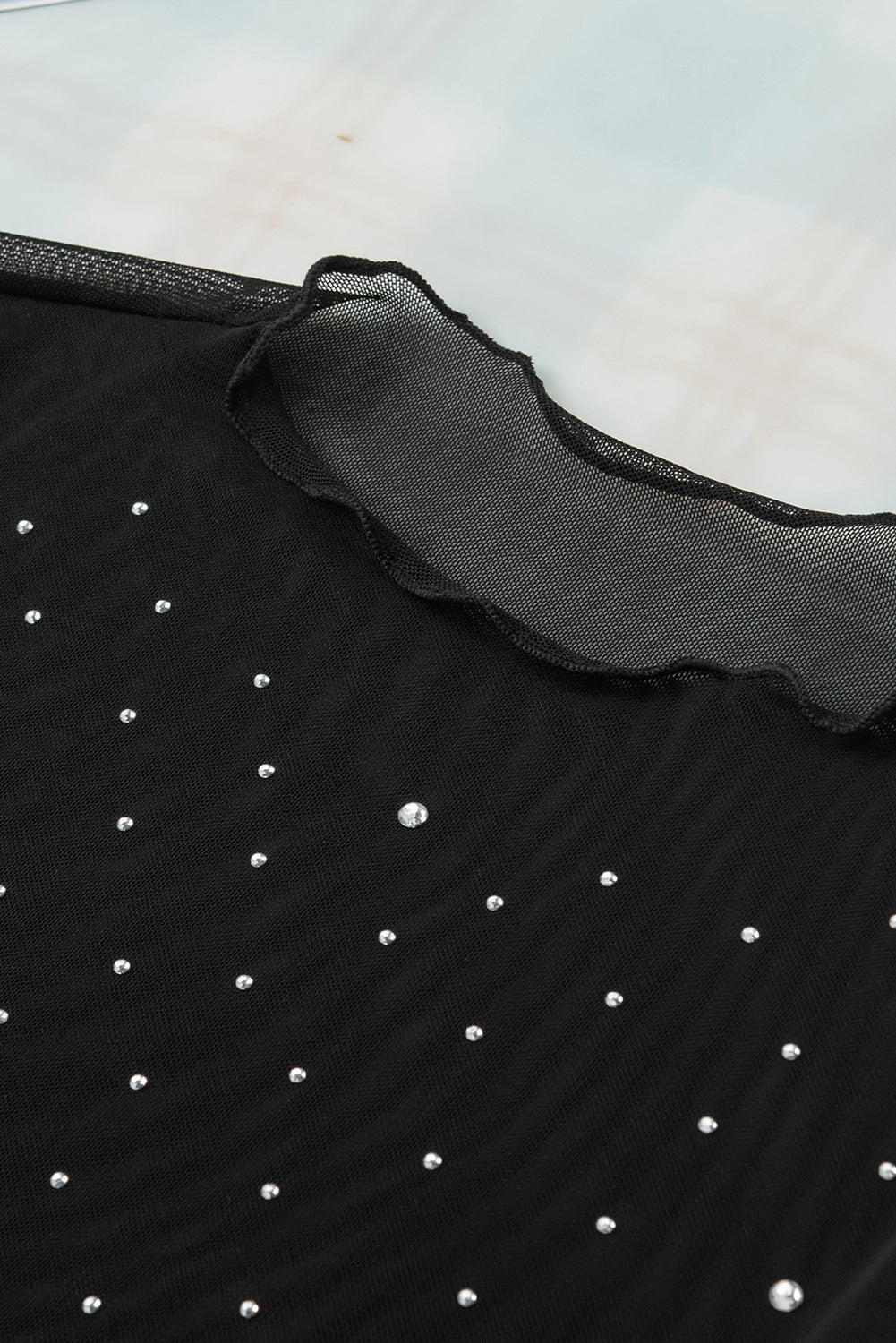 Black Rhinestone Sheer Mesh Slim Fit Long Sleeve Top eAura