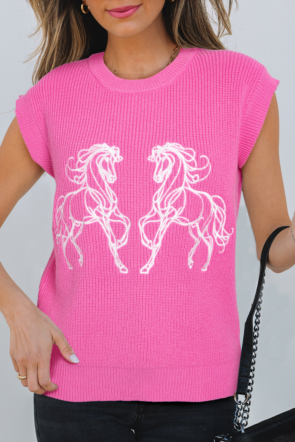 Sachet Pink Western Horse Embroidered Round Neck Top eAura