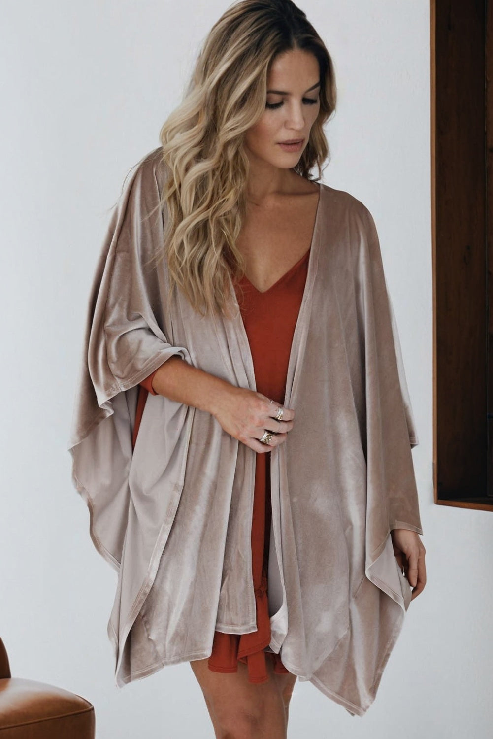 3/4 Sleeve Open Front Velvet Kimono