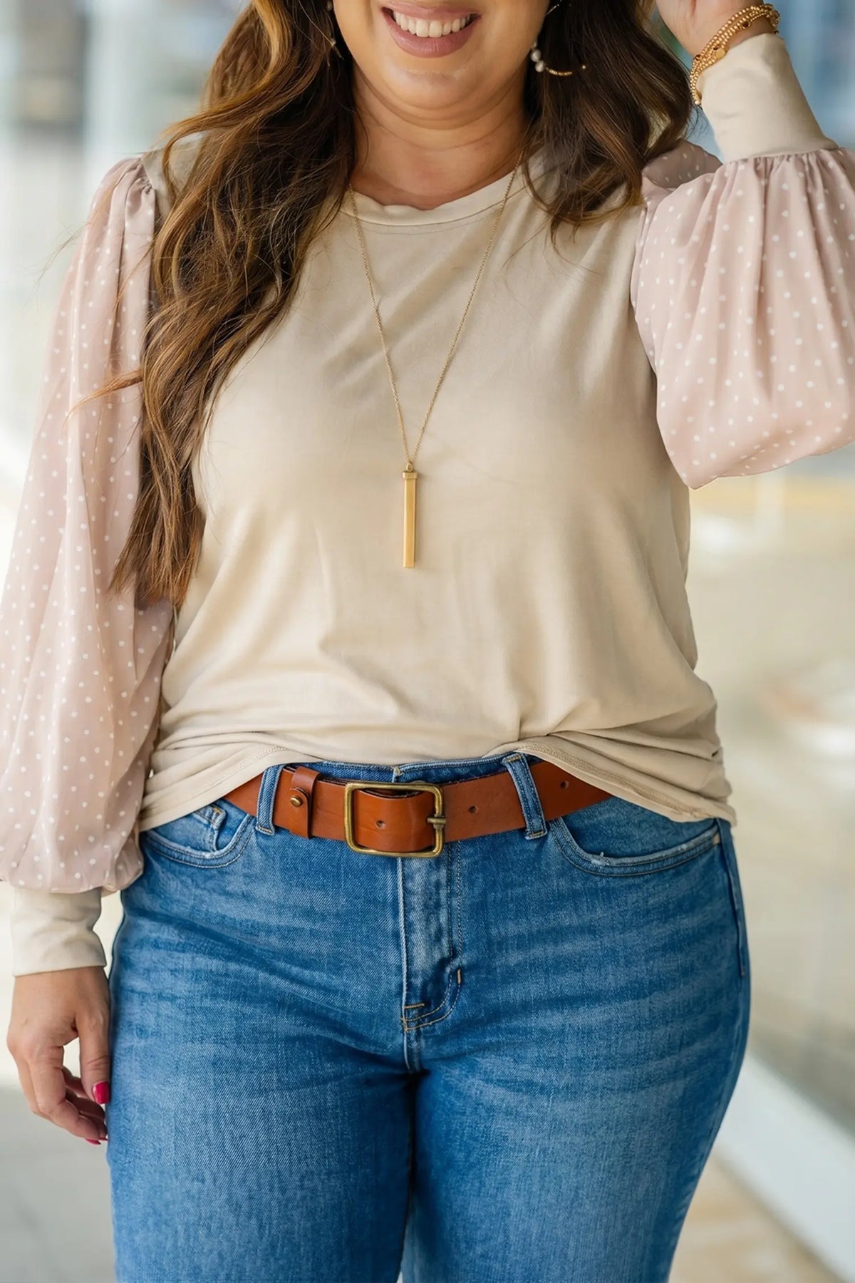 Polka Dot Long Sleeve Round Neck Plus Size Blouse – Parchment