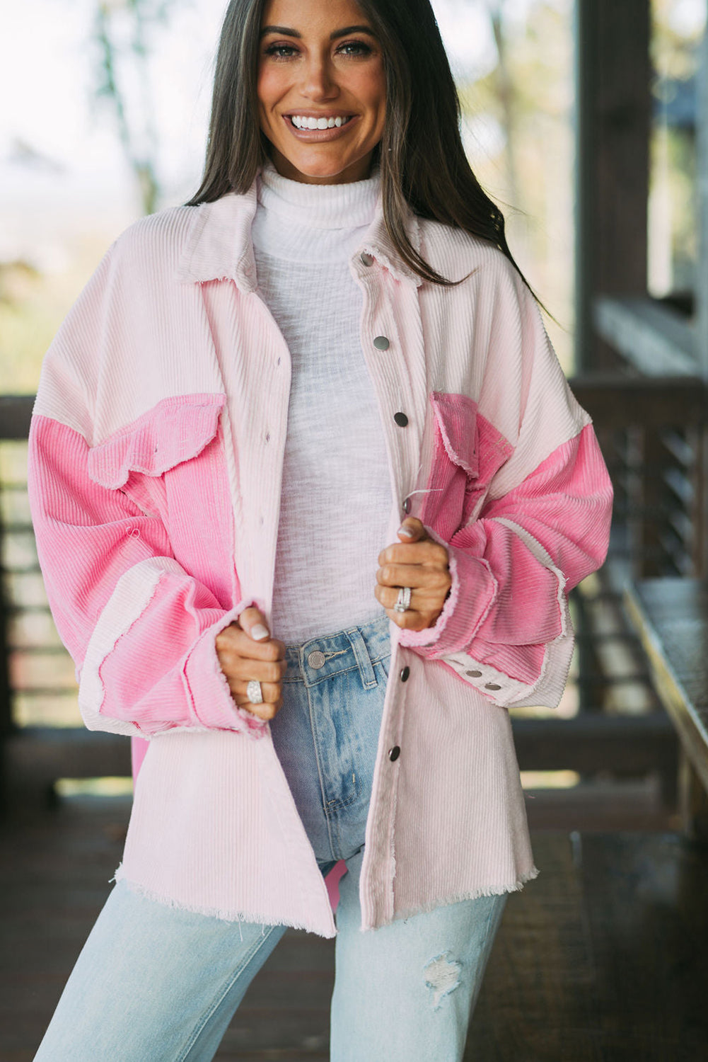 Delicacy Two-tone Colour Exposed Seam Corduroy Shacket Beagle Boutique Fashion Outlet