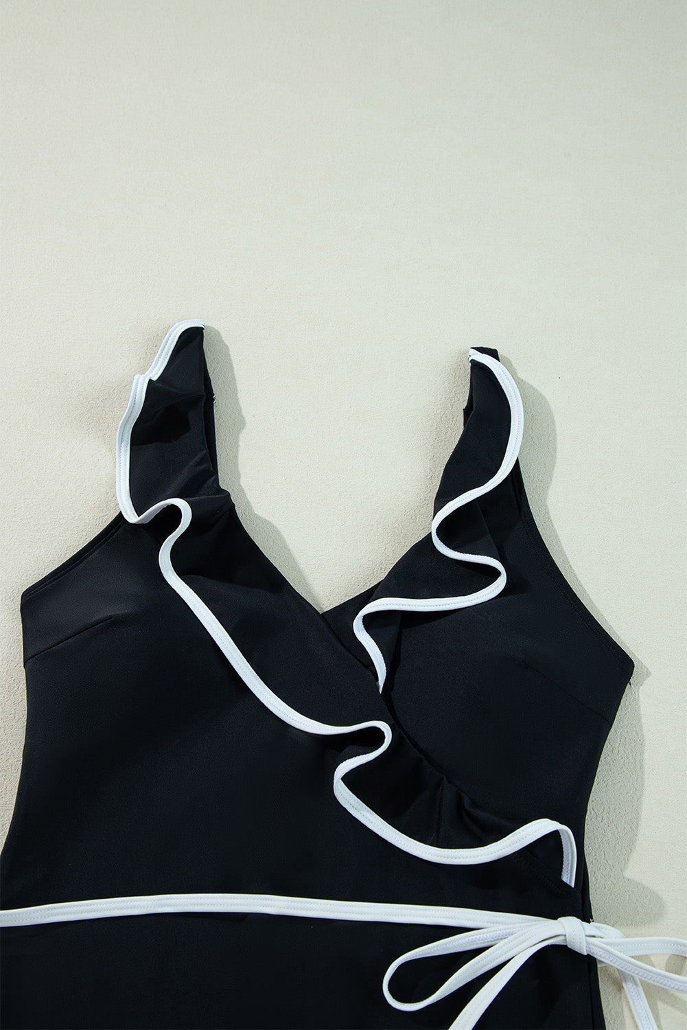 Black Colour Contrast Ruffled Wrap V Neck Swimsuit eAura