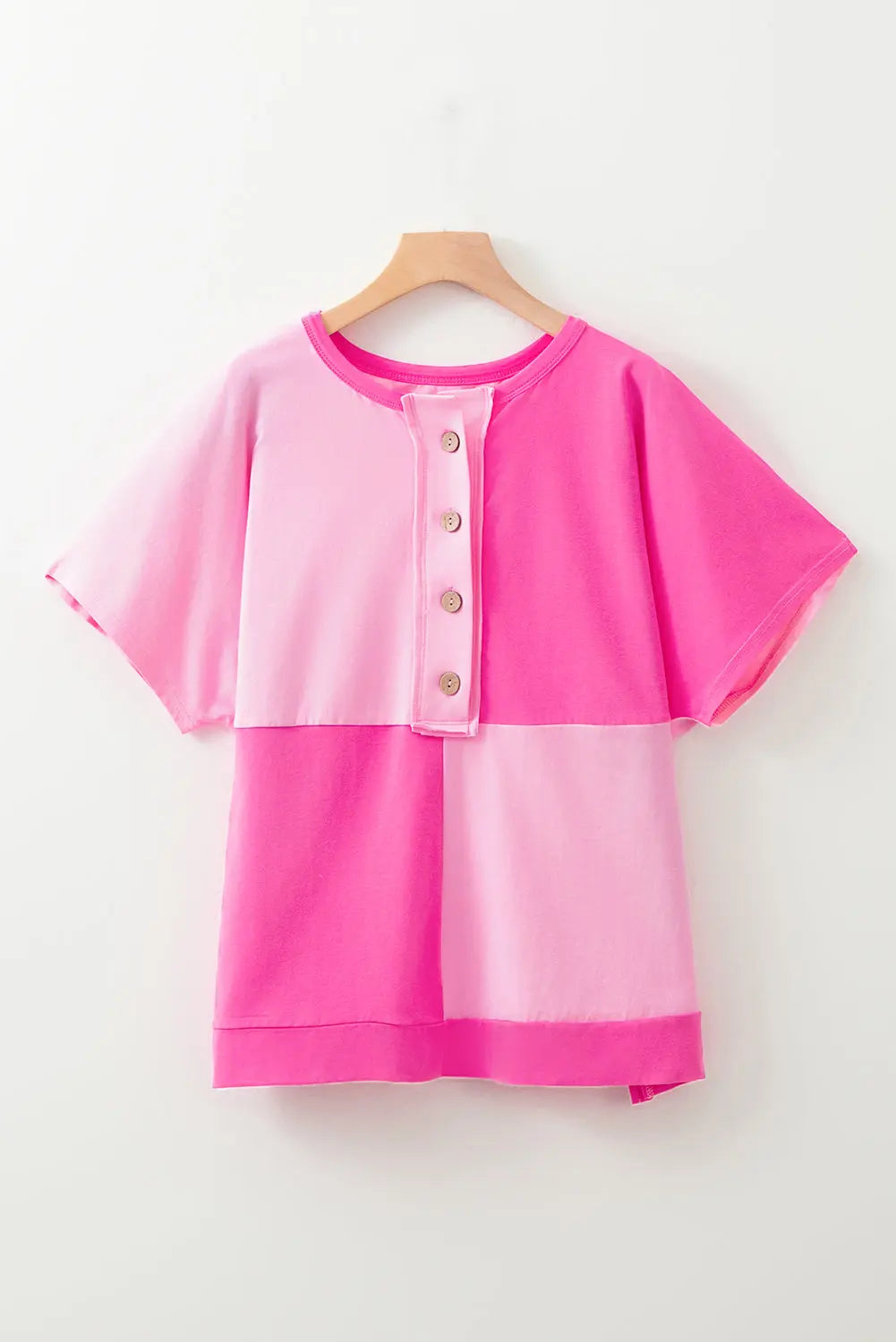 Bright Pink Colourblock Patchwork Short Sleeve Buttons Plus Size Henley Top - Size/Plus Tops/Plus Tops & Tees