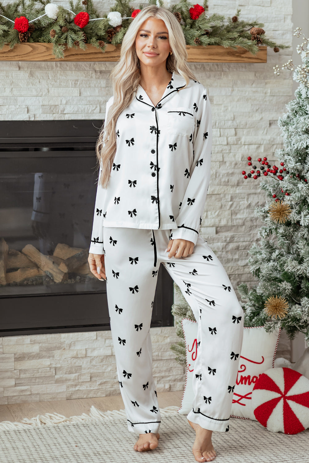 White Bows Print Two Piece Pyjama Set - eAura