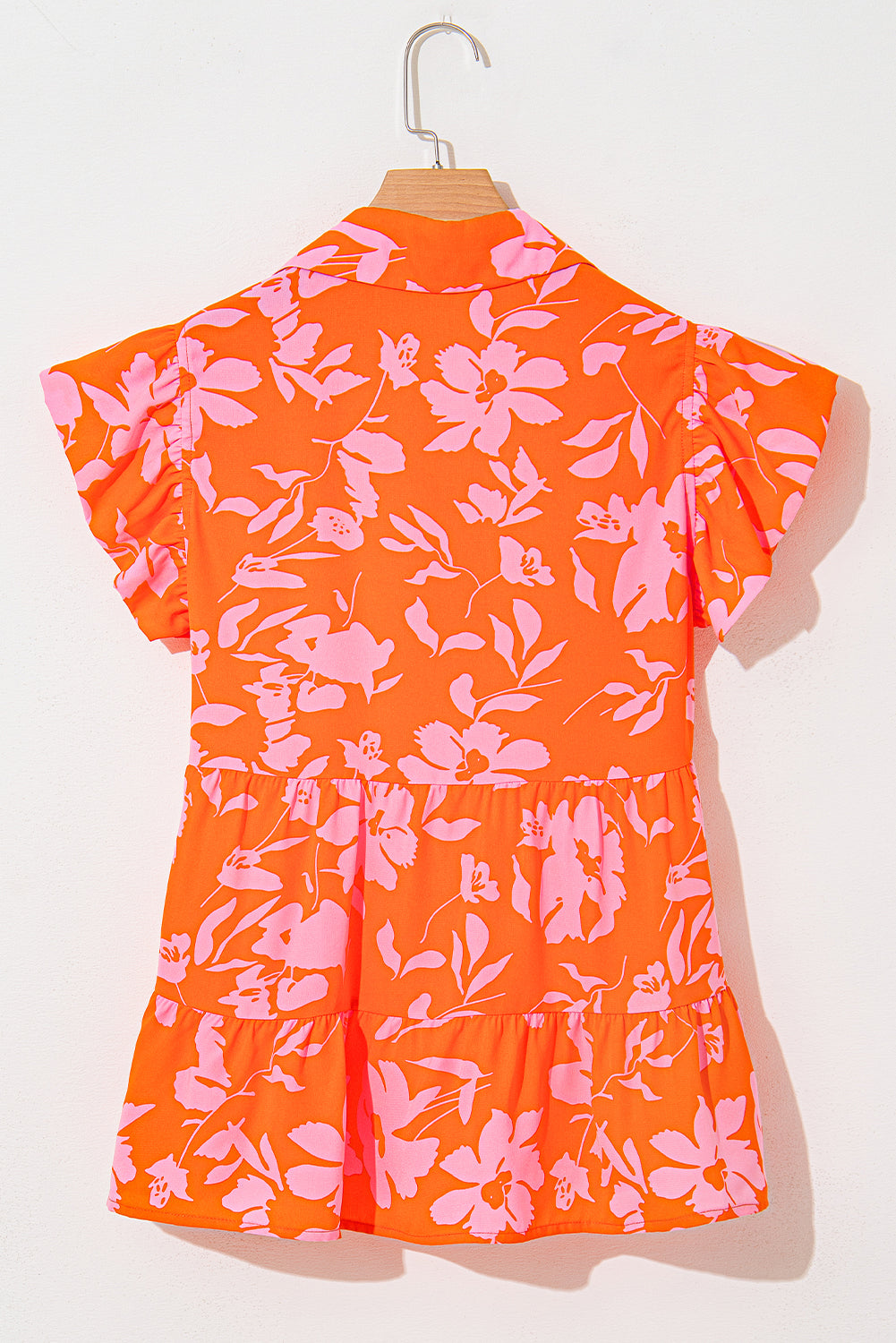 Orange Floral Print Collared Button Neckline Flutter Sleeve Blouse eAura