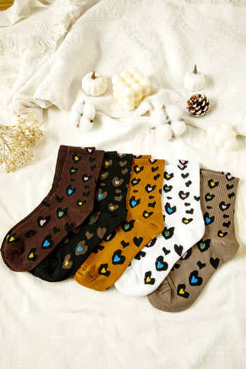 5 Pairs Ribbed Trim Heart Leopard Print Socks