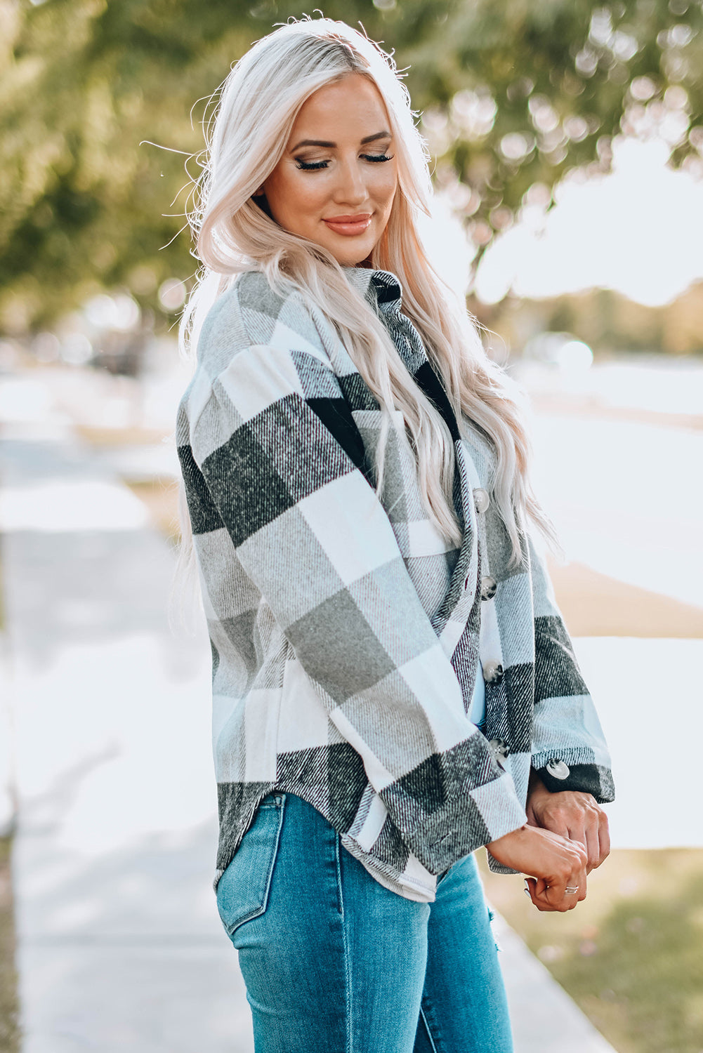 Khaki Plaid Colour Block Buttoned Long Sleeve Jacket with Pocket Beagle Boutique Fashion Outlet