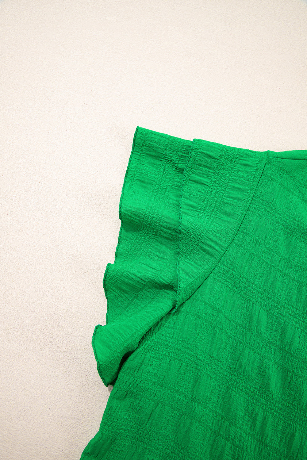 Dark Green Textured Ruffled Sleeve Round Neck Top eAura