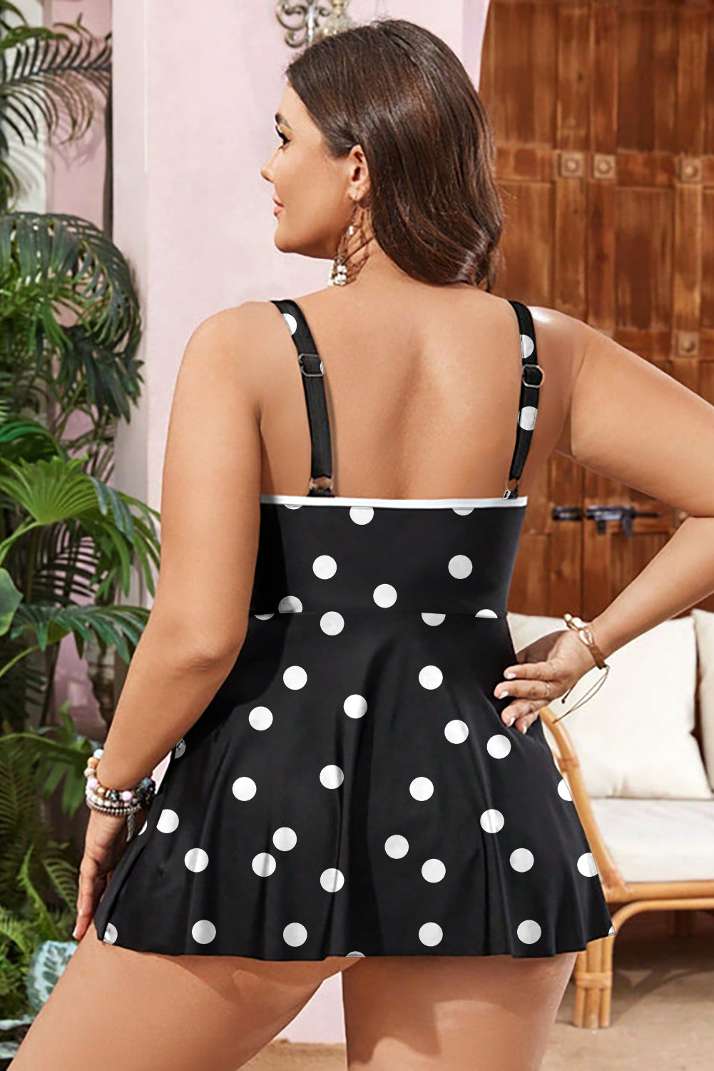 Black Polka Dot/Colourblock Trim V Neck Plus Size Swim Dress BB Fashion Outlet