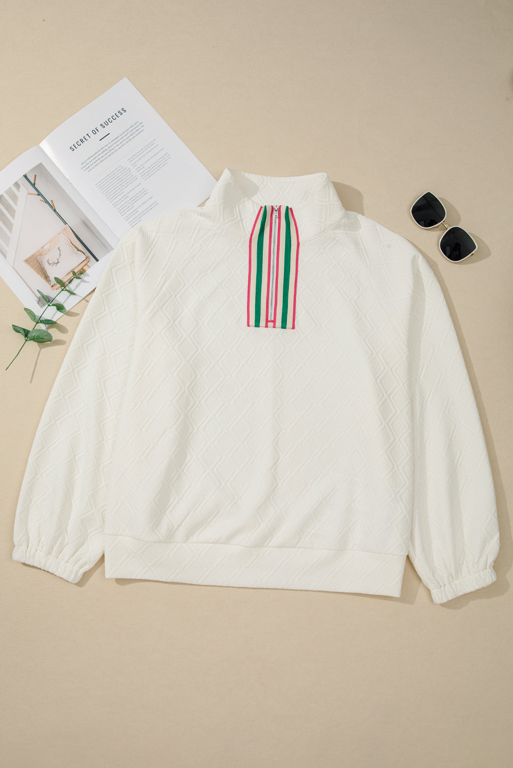 Beige Plus Size Rhombus Texture Contrast Striped Collar Baggy Sweatshirt Dear-Lover Dropshipping