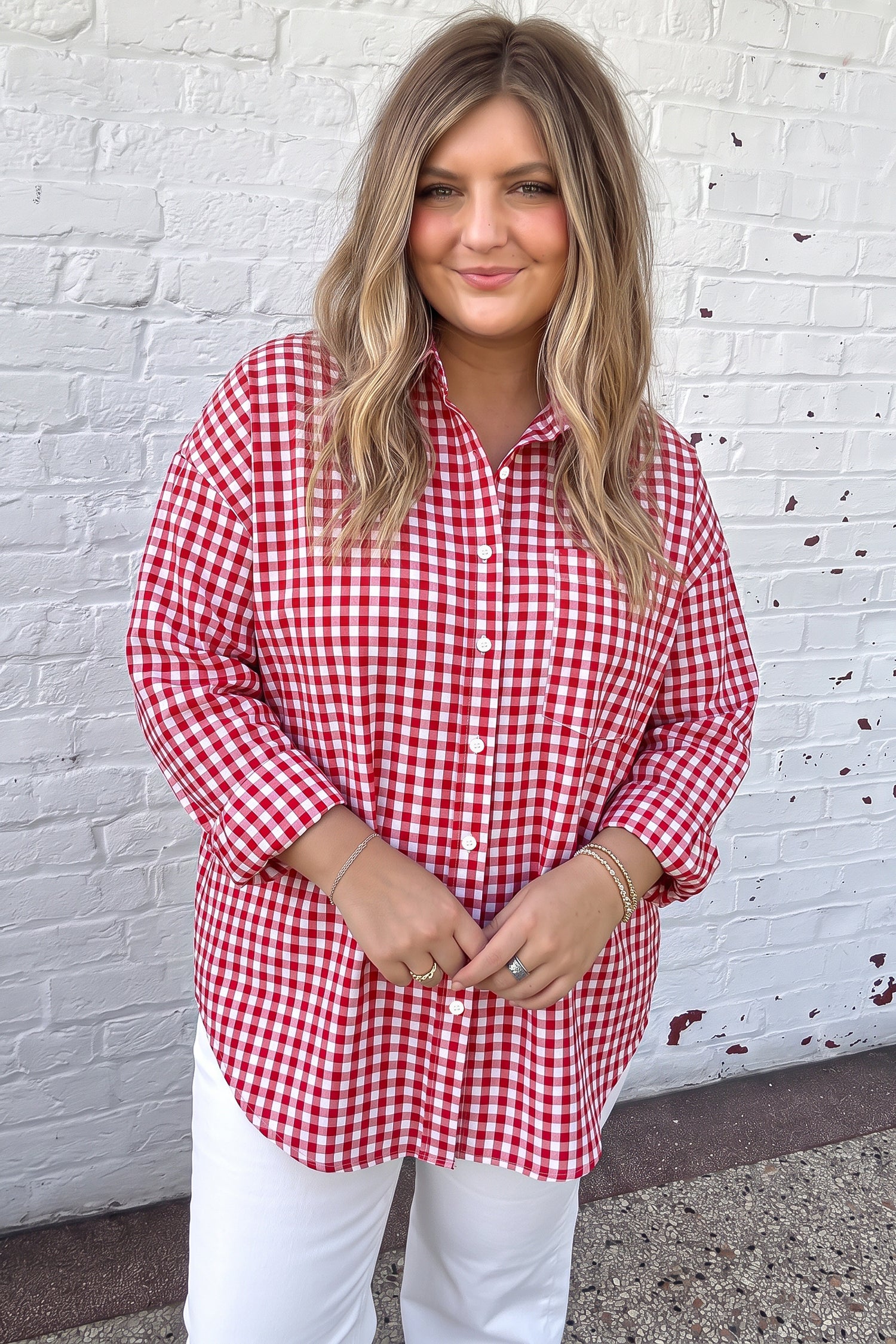 Plaid V Neck Long Sleeve Tunic Loose Fit Plus Size Shirt – Red