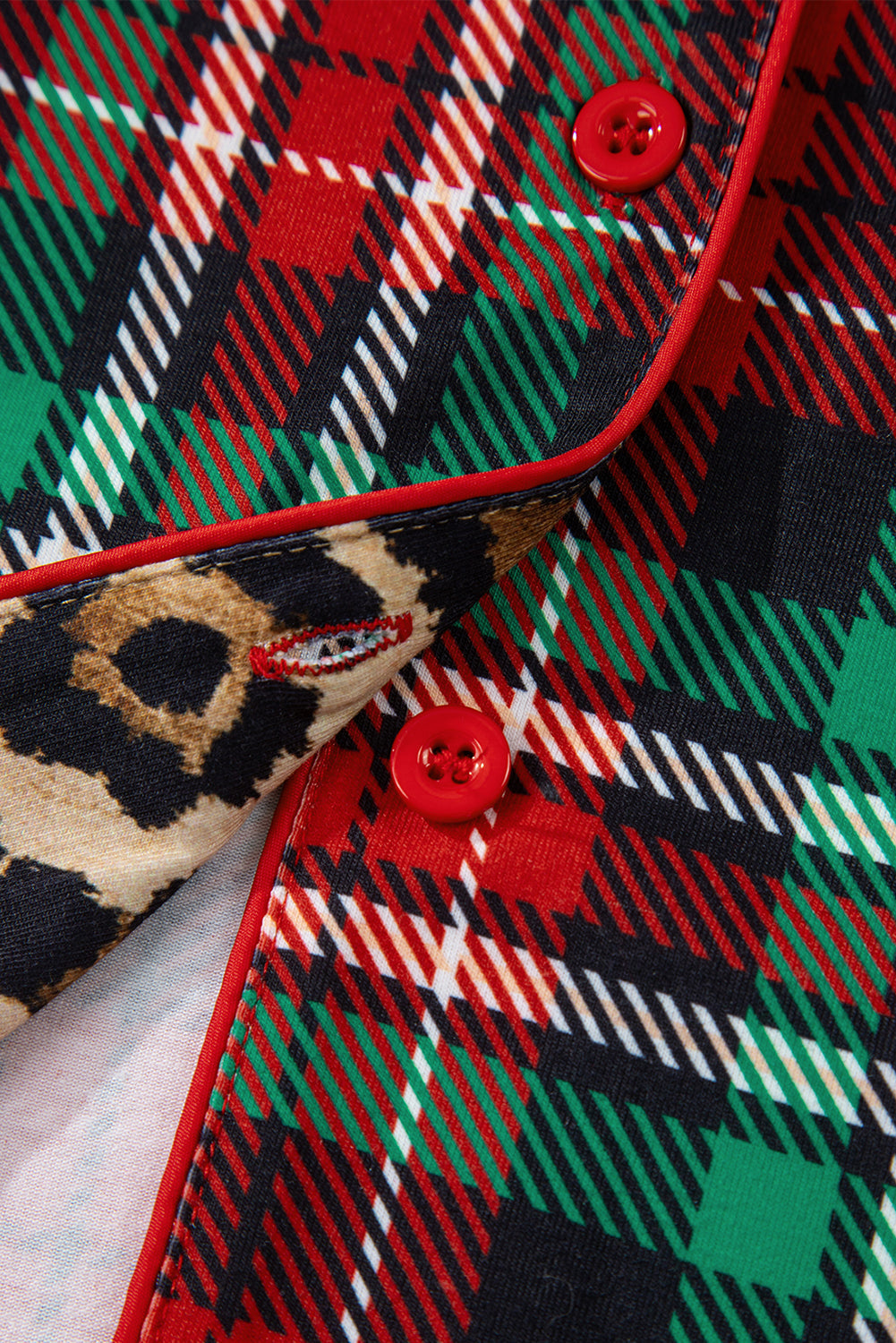 Retro Plaid Leopard Print Patchwork Long Sleeve Shorts Pajama Set - eAura