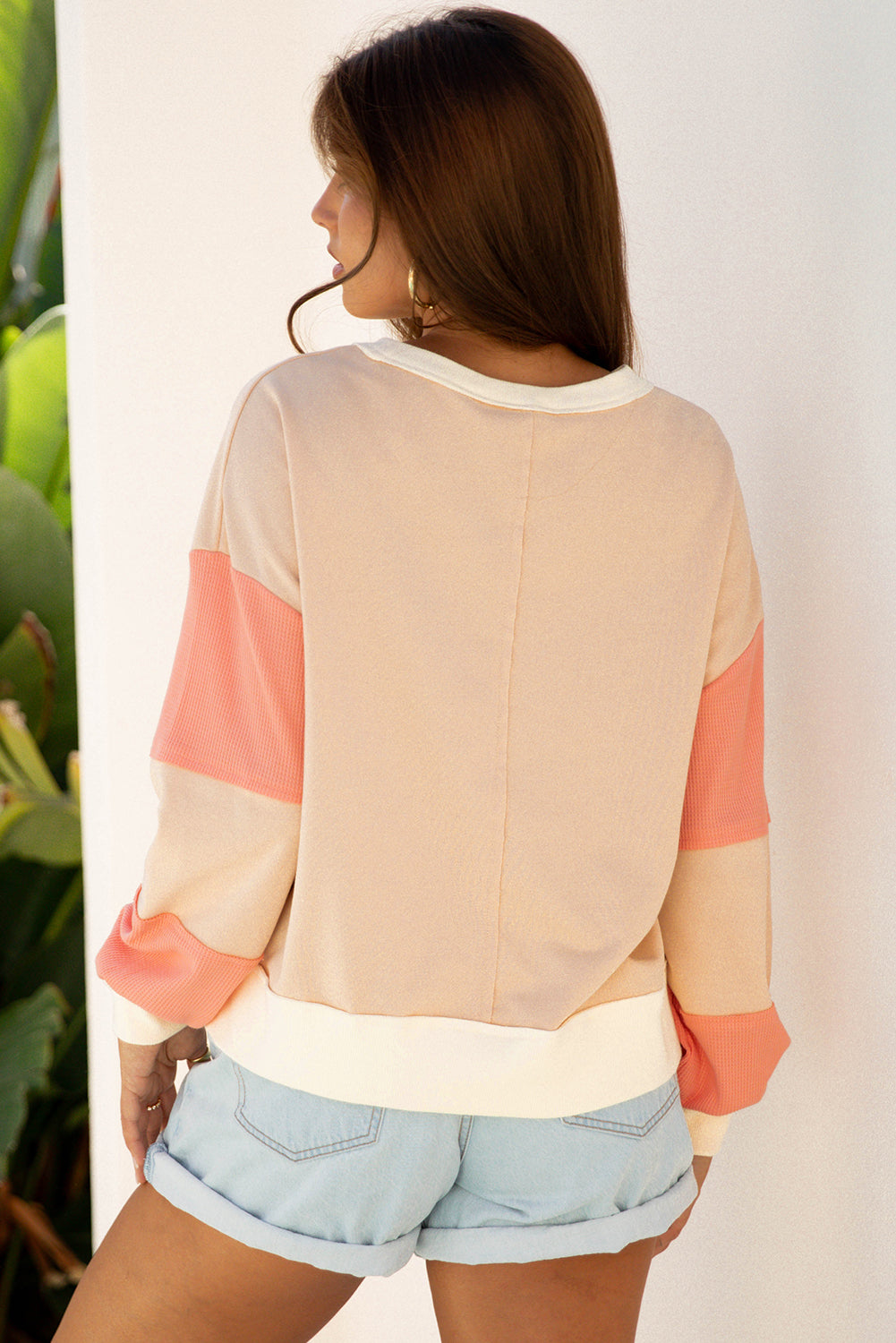 Beige Textured Patchwork Pullover Sweatshirt - eAura